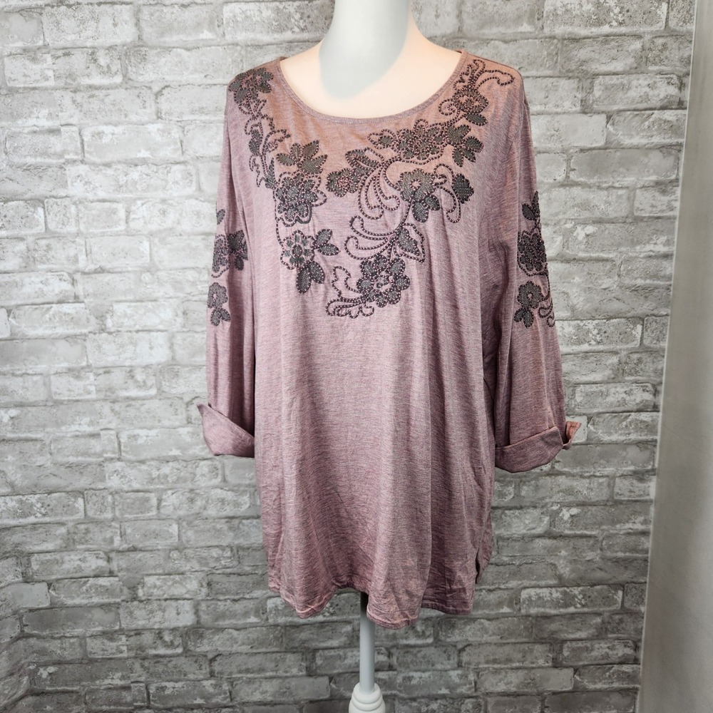 Pure Jill Top Floral Embroidered‎ Pima Cotton Lavender Boho XL